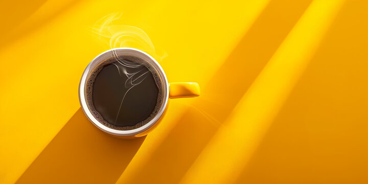 A simple yet striking image of a steaming cup of coffee set against a vivid yellow background, capturing the essence of morning warmth and energy.
