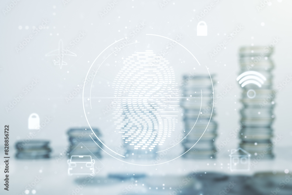 Poster multi exposure of virtual creative fingerprint hologram on growing stacks of coins background, perso