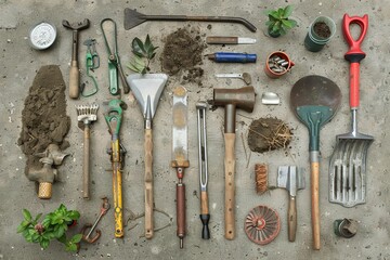 Gardening tools and plants arranged neatly on a concrete background, emphasizing organization and nature