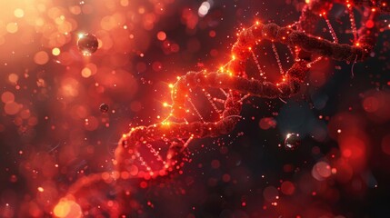 Close-up illustration of a glowing red DNA helix with bokeh effect, symbolizing genetics, biotechnology, and molecular science.