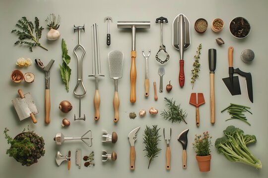 Gardening tools and succulents arranged neatly on a light background, showcasing organization, nature, and the essence of horticultural activities