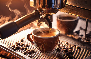 Professional Espresso machine brewing coffee into small ceramic cup, whole coffee beans scattered, copy space