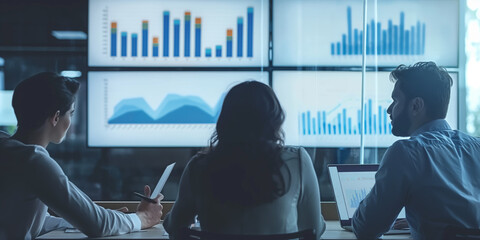 A group of three individuals engaging in a conversation, focusing on data and charts displayed on large screens, suggesting collaborative work on data-driven projects.