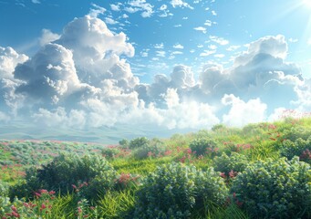 Sky, Hills, Grassland, Flowers, and Sunshine