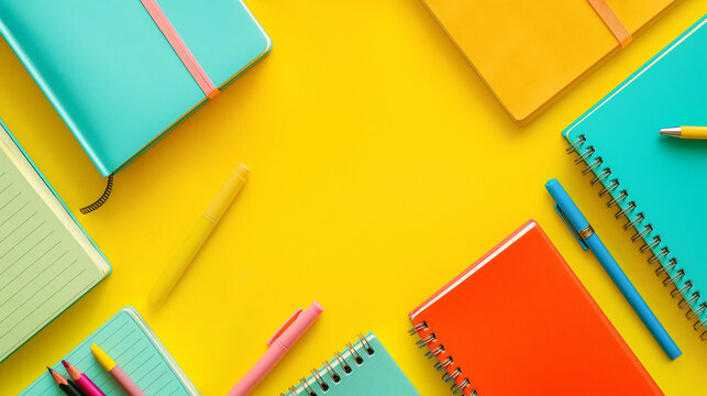 Background with school supplies. Flat lay of colorful stationery on a yellow background with copy space in the center. View from above. Back to school.