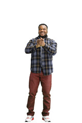 Fototapeta premium A man, full-length, on a white background, claps