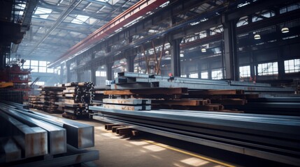 Steel materials stored in the factory warehouse for construction use background