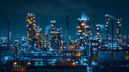 Fototapeta premium A chemical plant, with industrial pipelines as the background, during the night