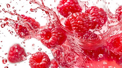 Fototapeta premium Fresh Red Raspberries Splashing with Water Drops and Motion Energy Isolated on White Background for Refreshing Concept