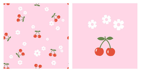 Seamless pattern with red cherry fruit and white flower on pink background. Cherry and flower icon set.