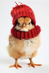 cute little chicken in red wool knitted hat isolated on white background