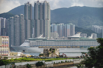 Cruiseship cruise ship liner Voyager sail away departure from port of Hongkong Hong Kong, China...