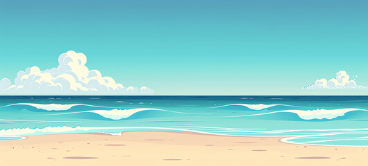 Flat landscape of a serene beach with calm waves and a clear sky, ideal for travel and vacation promotionsai