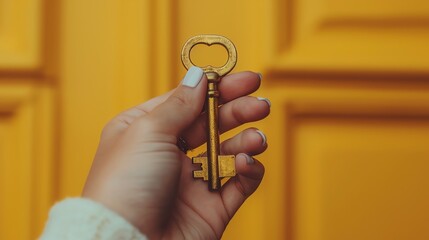 A closeup of a hand holding a golden key against a warm mustard background, symbolizing the unlocking of new opportunities and pathways