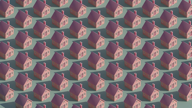 Isometric pattern of little pink suburban houses 3d illustration