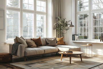 Modern flat design living room interior with a cozy sofa, stylish decor, and large windows letting in natural lightai