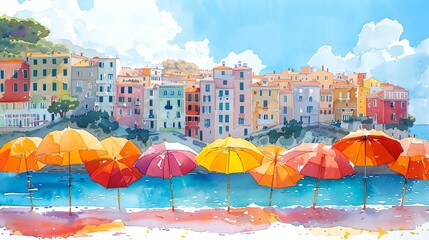 Antique painting of a vintage postcard featuring a seaside town with colorful beach umbrellas