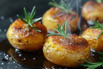 Crispy baked potatoes garnished with green rosemary with steam rising from the hot dish on a slate...