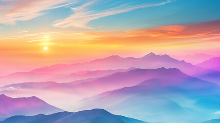 Fototapeta premium Panoramic view of a mountain range at sunrise, with colorful skies and mist in the valleys, perfect for travel and adventure themesai