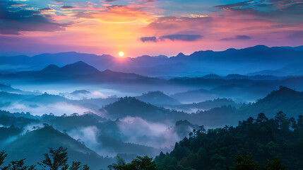 Panoramic view of a mountain range at sunrise, with colorful skies and mist in the valleys, perfect for travel and adventure themesai