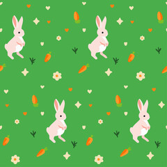Springtime Bunnies and Carrots - Lively Green Background with Rabbit Pattern