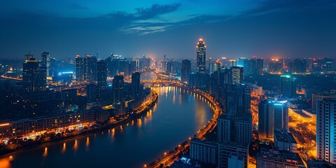 A stunning aerial night view of a metropolis skyline with illuminated skyscrapers beside a reflective river