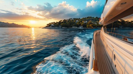 yacht sailing on the sea featuring a scenic coastal view with sunset, clouds