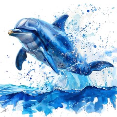 Energetic dive of a dolphin as it plunges beneath the surface of the sea in pursuit of prey, painted in vibrant watercolor shades