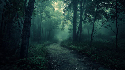 Obraz premium Underlit forest path at dusk, with faint light filtering through the trees, creating an eerie and mystical ambianceai