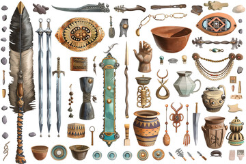 Illustrations of Ancient artifacts, including pottery, tools, and weapons, arranged neatly, showcasing a diverse range of historical items from an archaeological dig site. Transparent Background