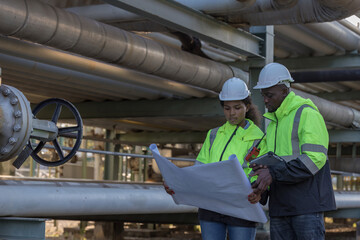 Engineer survey team  checking construction project  inspection work construction site .Team Civil engineer working outdoor next to the power plant.