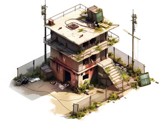 Abandoned Building Covered in Debris, Game Graphic Asset, Transparent Background