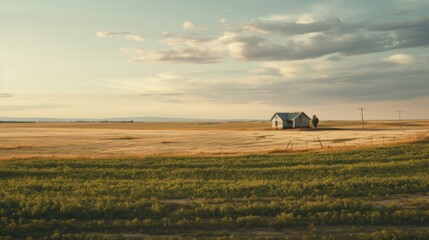 A barn house situated in the middle of a brown plowed field landscape background