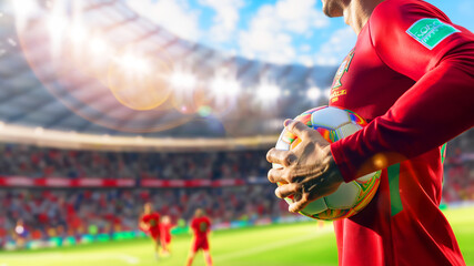 A soccer player wearing a red jersey holds a ball with a stadium and crowd in the background, Euro 2024 Sports Festival. - Powered by Adobe