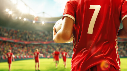 A soccer player wearing a red jersey holds a ball with a stadium and crowd in the background, Euro 2024 Sports Festival.