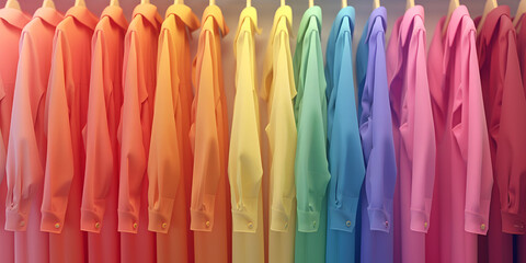    A variety of colorful t-shirts are hanging on a rack on Fashion Boutique, Using Colorful Shirt Racks to Attract More Customers and Boost Sales, Vibrant men's shirts on hangers with neon lighting.
