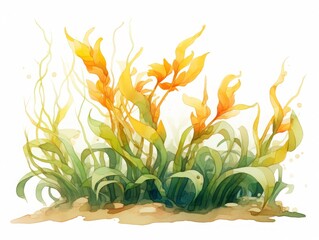 Beautiful watercolor illustration of bright yellow and green seaweed on a white background, depicting underwater flora's elegance and vibrancy.