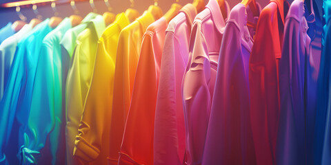 A rack of colorful shirts hanging on a wall. Suitable for clothing store promotions, Transforming Your Fashion Boutique with Eye-Catching Clothing Racks, A variety of colorful t-shirts  background 
