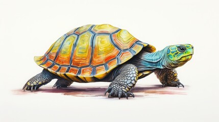 Obraz premium Colorful drawing of a tortoise showcasing detailed shell and intricate patterns, isolated on a white background