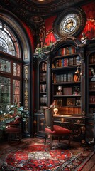 Obraz premium opulent dimlight study room with highend decor showcasing a luxurious and sophisticated study space with elegant furnishings, rich textures, and ambient lighting for a refined atmosphere
