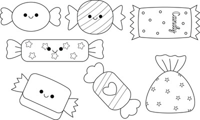 Illustration of a cute kawaii candies isolated on white background coloring page. Black and white outline vector cartoon character colouring book