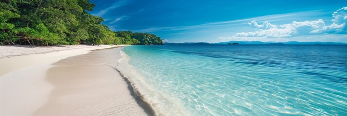 Obraz premium Pristine white sand beach with turquoise water under a clear blue sky in a tropical paradise