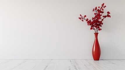 Red flower vase placed in an empty white room, emphasizing simplicity and elegance in interior design