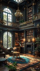 Obraz premium opulent dimlight study room with antique furnishings exuding timeless charm and refined elegance with classic furniture, intricate details, and soft, ambient lighting