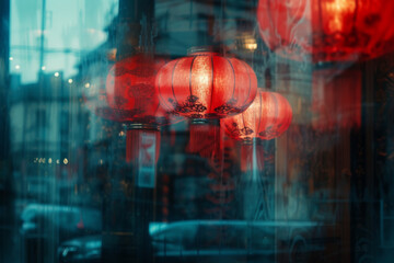 red lanterns are being reflected in a shop window, in the style of villagecore, soft and dreamy depictions, chinapunk, lighthearted, ornate detailing, blurred imagery 