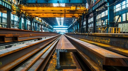Fototapeta premium Steel materials stored in the factory warehouse for construction use background