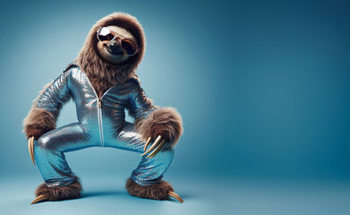 Full length portrait of anthropomorphic smiling sloth with sunglasses and stylish disco outfit standing isolated on blue background, copy space for text 