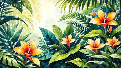 Fototapeta premium A vibrant, watercolor-style botanical arrangement featuring brightly-hued tropical leaves and exotic flowers.