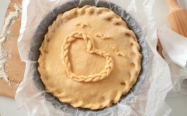 Appetizing round homemade pie with a heart pattern. Homemade baked goods made with love. Delicious homemade pie with filling on the table. Baking dough. Raw pie. Mom's pie, grandma's pie.