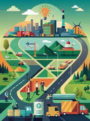 Sustainable Energy Cityscape with Diverse Transportation and Innovation Concept